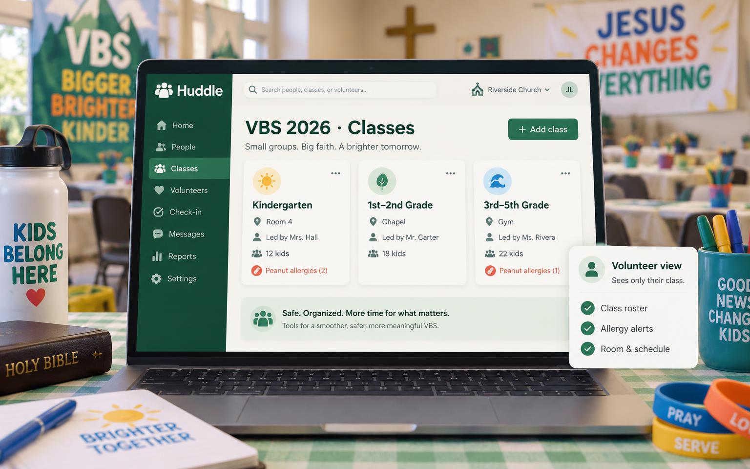 VBS classes by grade, each with a room, a leader and allergy alerts.