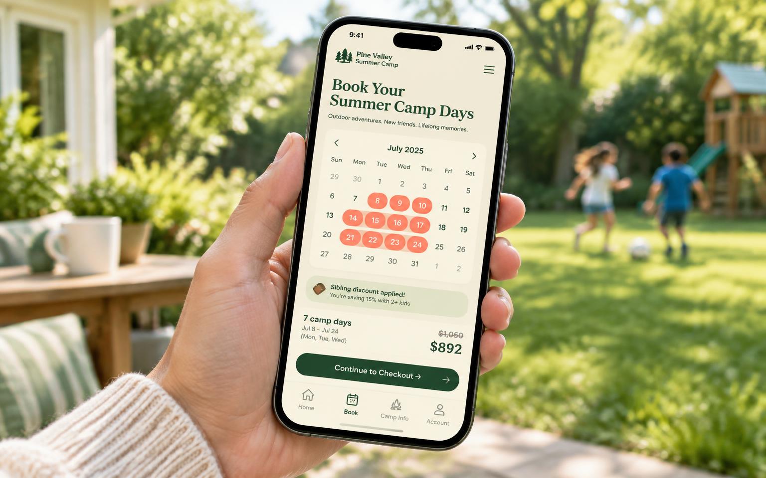 Parent booking camp days on a phone