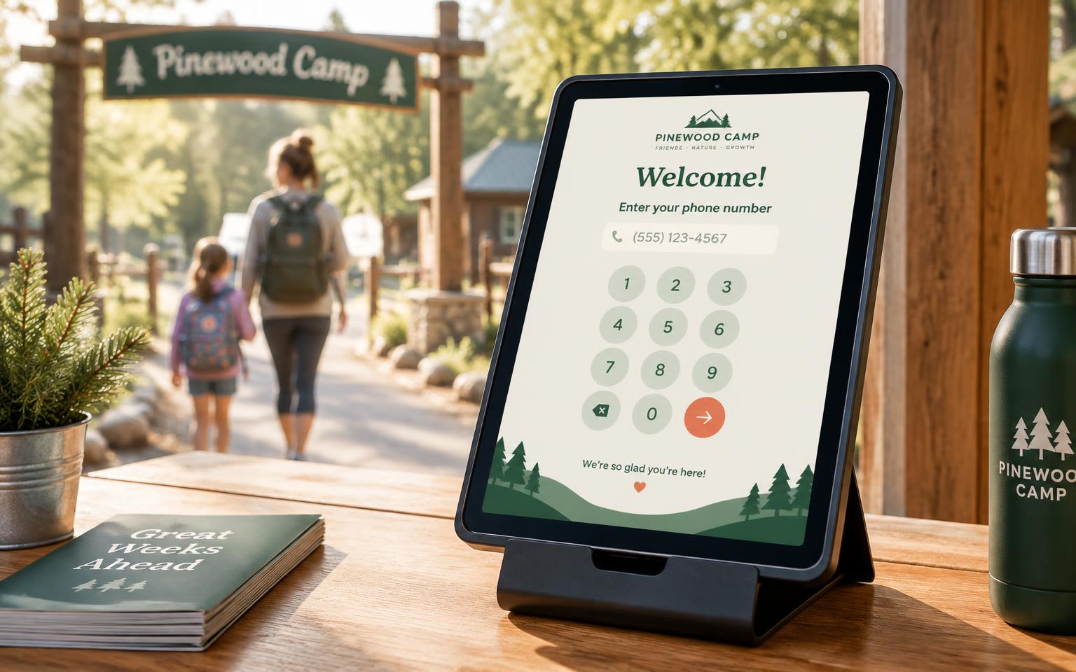 Self check-in kiosk tablet at a camp entrance