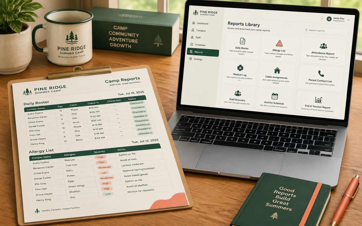 Printed camp reports beside a laptop