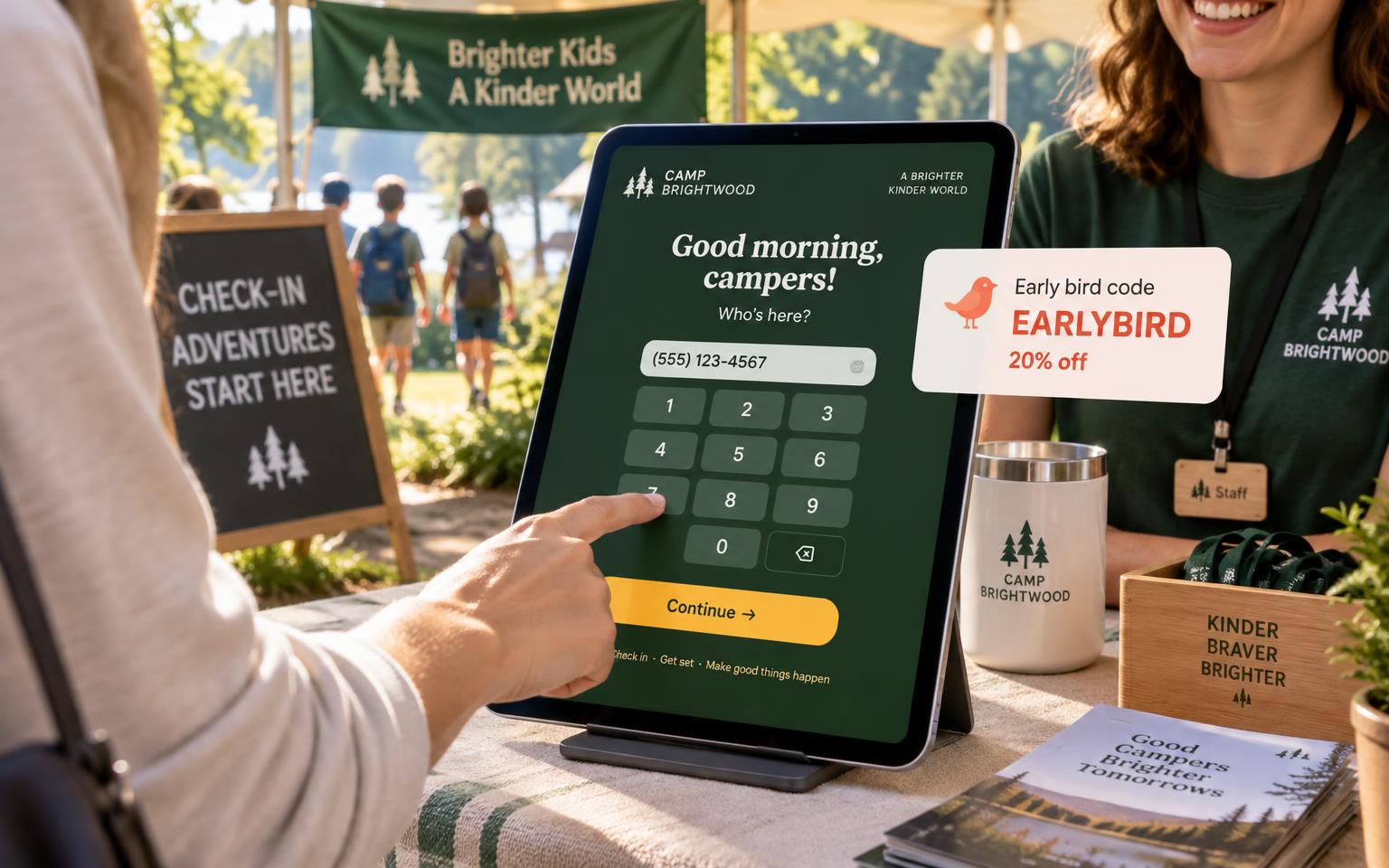 A check-in tablet parents use with their phone number, plus early-bird codes that fill spots.