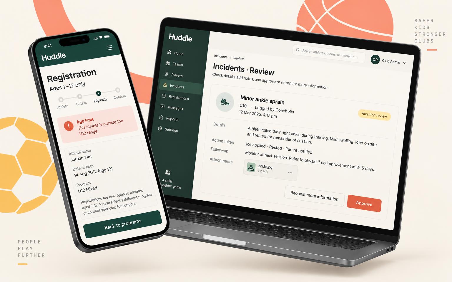 Incident reviews for admins, and age limits checked when families register.